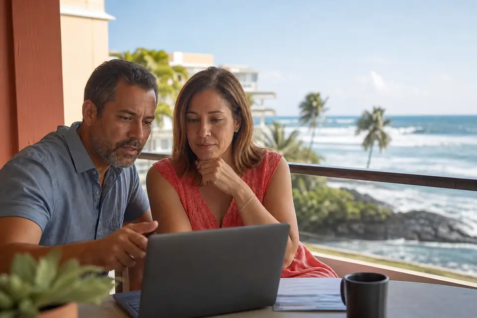 A couple reviews investments on a laptop on an oceanfront balcony.
