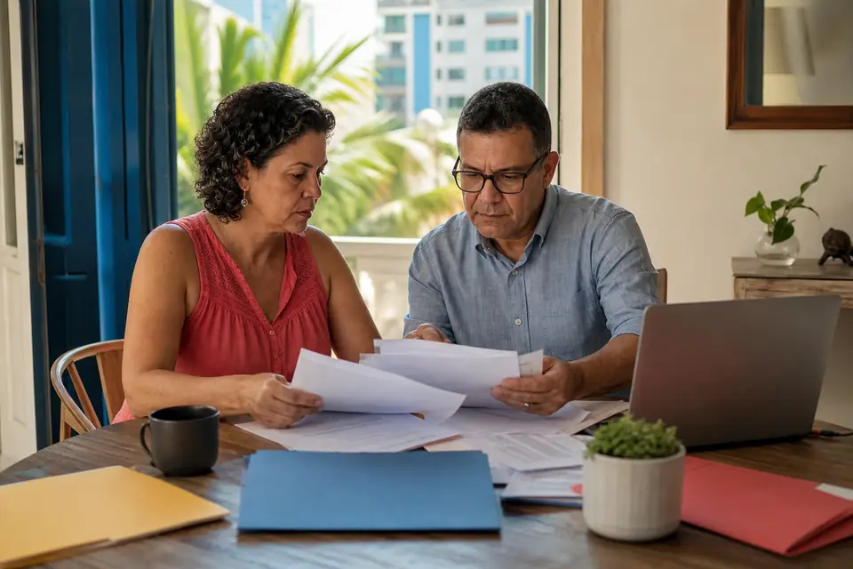 Pareja organiza formularios contributivos en carpetas sobre la mesa del comedor.