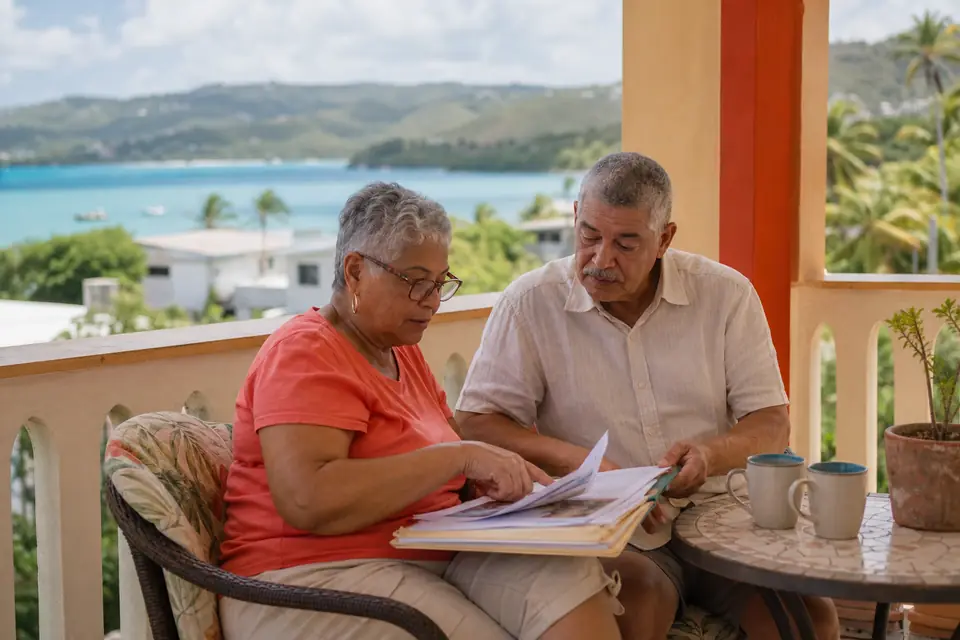 Pareja de jubilados revisa su correspondencia en el balcón de su casa