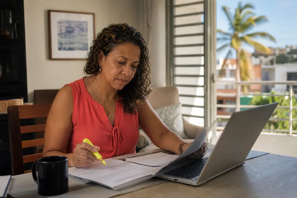 Mujer compara su planilla impresa con la computadora para corregir un error