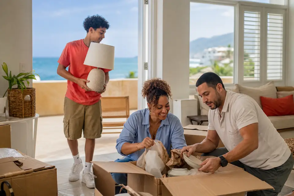 Familia desempaca cajas de mudanza en su nuevo apartamento cerca de la playa