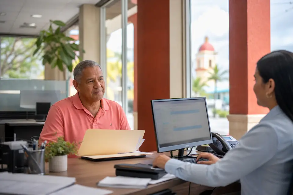 Comerciante con documentos en una sucursal bancaria de Humacao solicitando un préstamo.