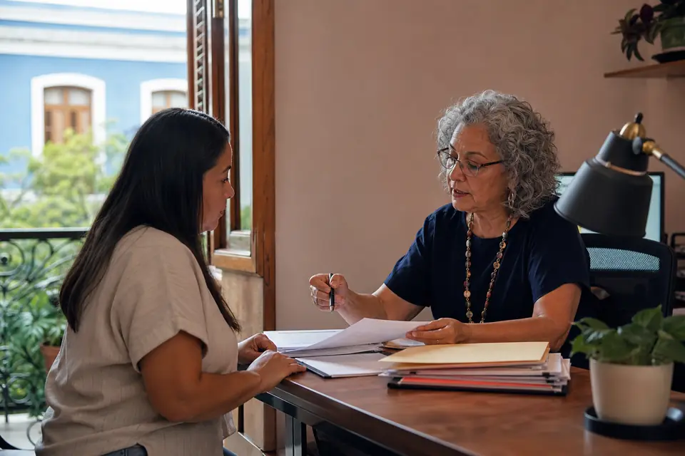 Contribuyente y su contadora revisan documentos juntos en una oficina de Ponce.