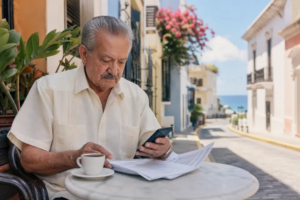 Hombre mayor en un café del Viejo San Juan revisando papeles con una calculadora.