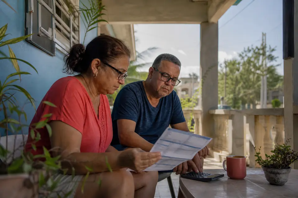 Pareja revisa un recibo y una calculadora en el balcón de su casa en Ponce