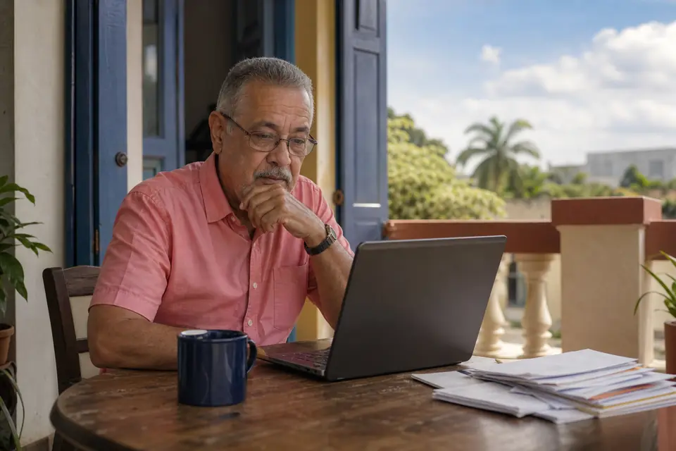 Hombre mayor revisa sus cuentas en la computadora en la mesa del comedor