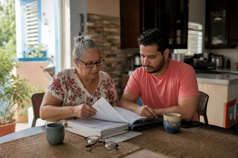 Señora mayor y su hijo organizan documentos de la casa en la cocina